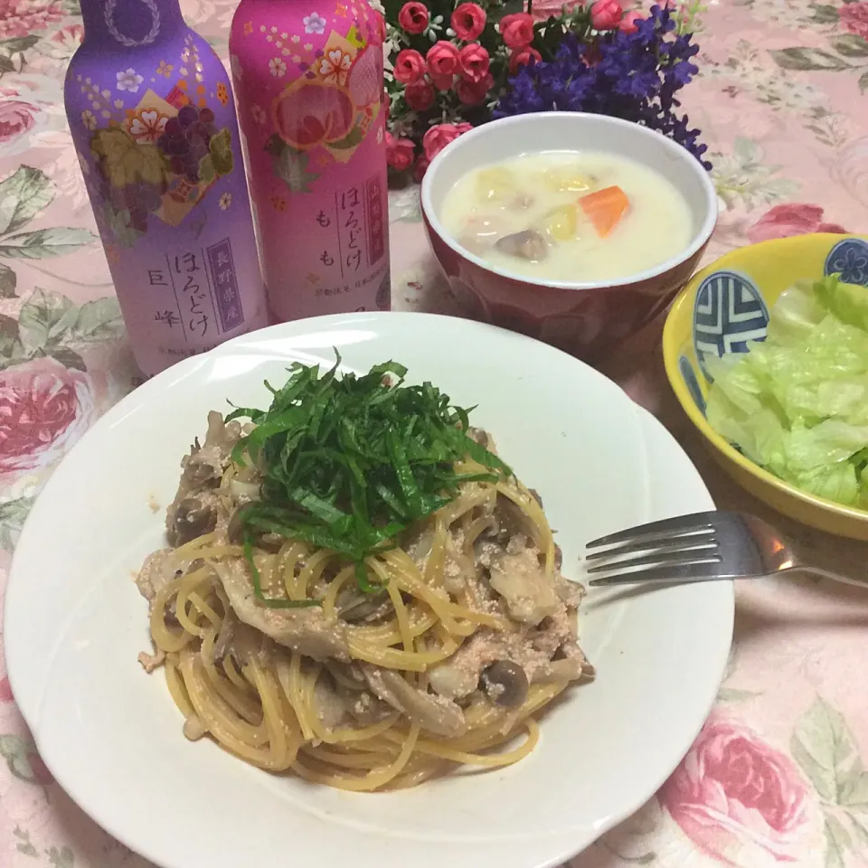 今夜はきのこたっぷり！たらこパスタとクリームシチュー💕|夢ーテルさん