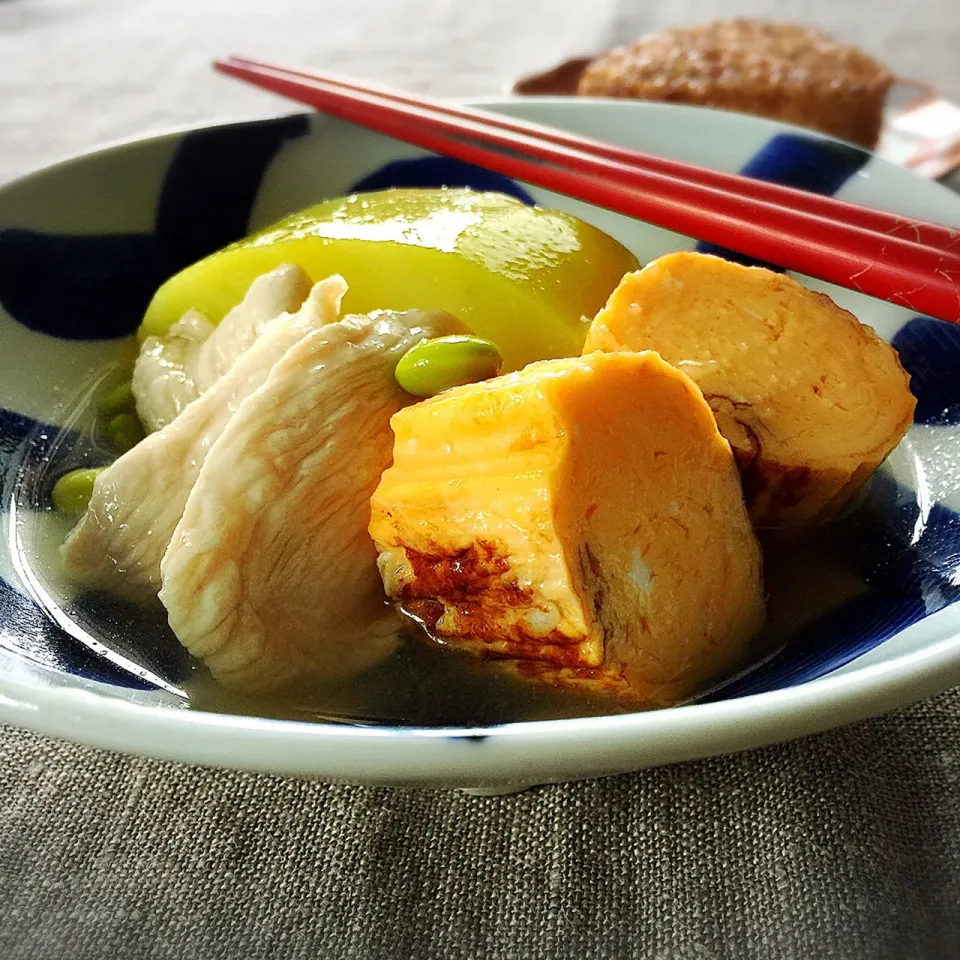 Snapdishの料理写真:夕顔、鶏むね肉の葛打ち、だし巻きの煮冷やし|シローさん