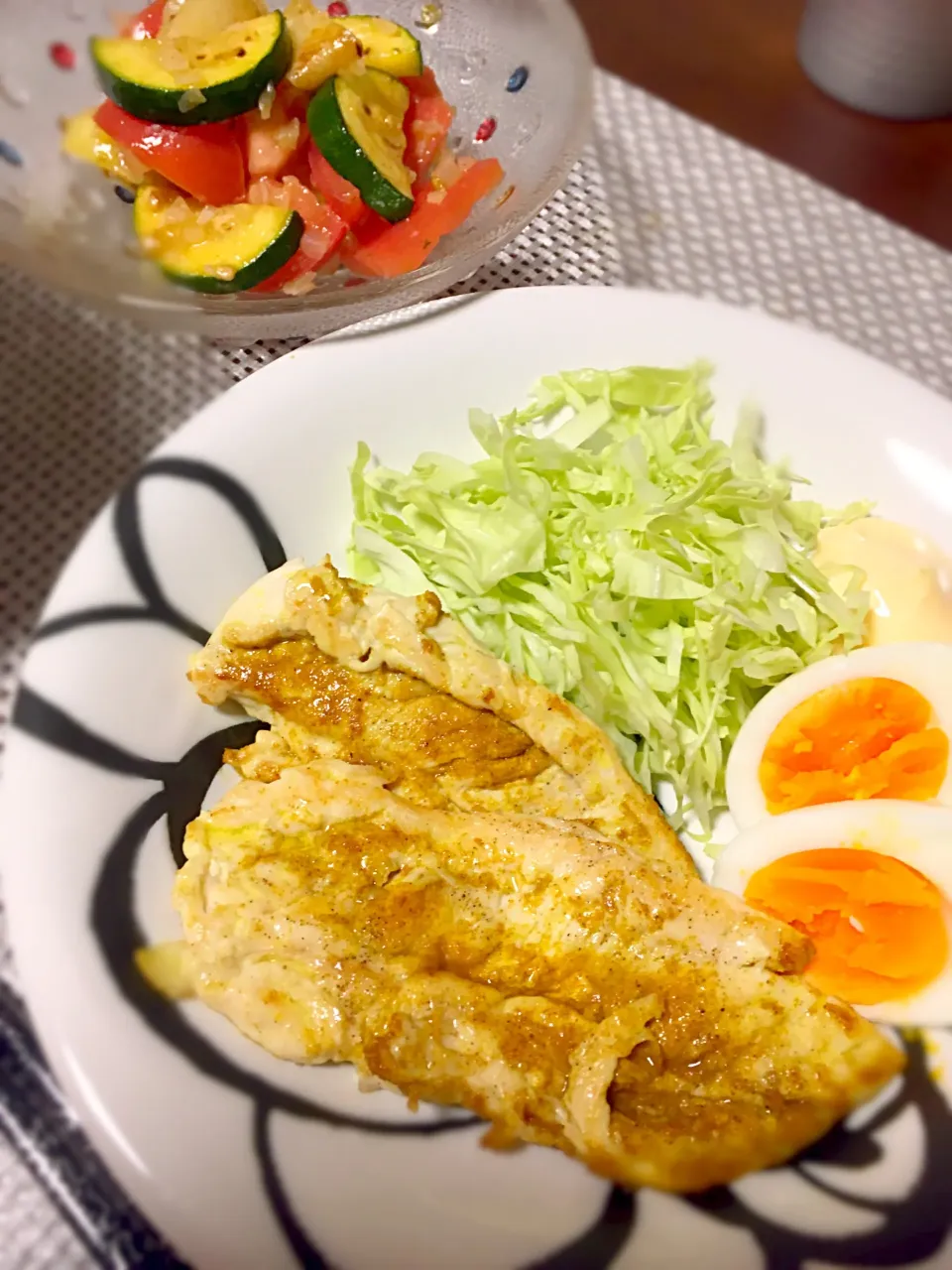 8/15晩御飯🍴

ささみのカレー焼き
    キャベツ、ゆで卵
夏野菜のグリルマリネ
キャベツの卵とじ（写真なし|Haruka*さん