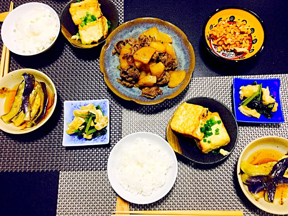 牛肉と大根の煮物、ナスの生姜びたし、豆腐のステーキ、小松菜のごまお浸し、納豆玉ねぎキムチ|ありかさん