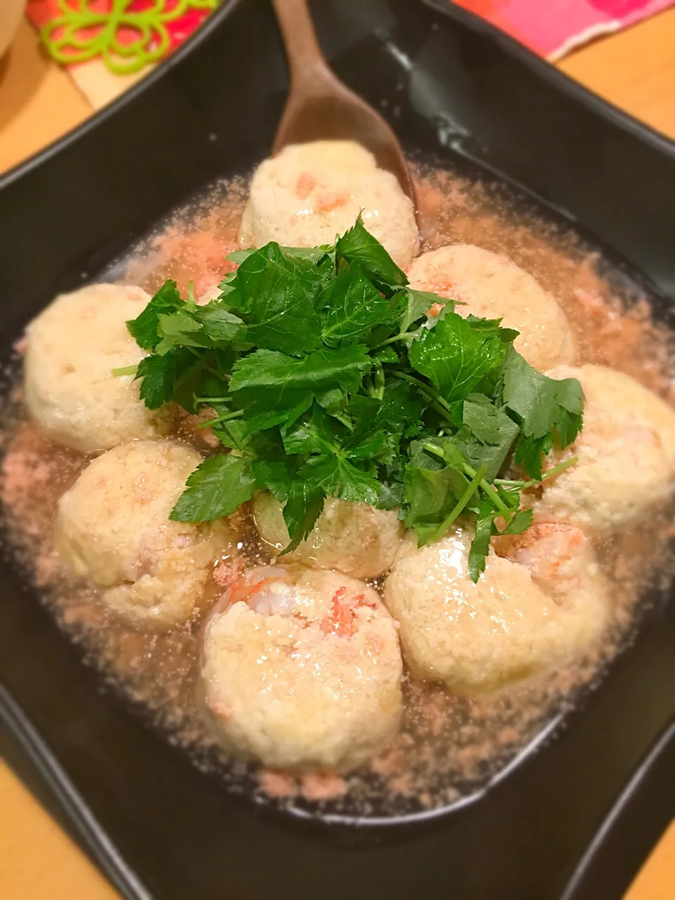 Snapdishの料理写真:木綿豆腐とエビの茶巾蒸し明太あんかけ|アリエッティさん