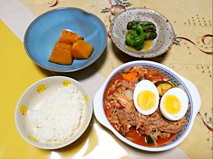 晩ごはん
　夏野菜と豚肉のトマト煮
　ししとう酢味噌
　かぼちゃ煮物|korinoさん