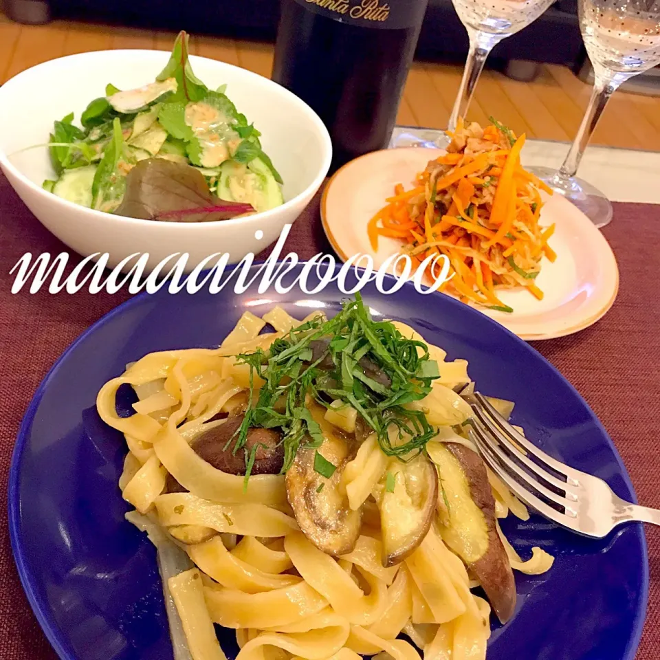 Snapdishの料理写真:和風ペペロンチーノ⭐︎切り干し大根と人参のマリネ⭐︎グリーンサラダ|マイコさん