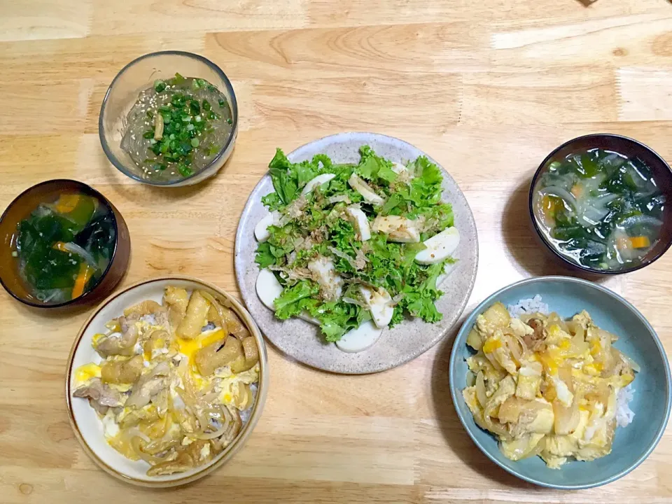 昨日のお昼ご飯(*'ｪ`*) 他人丼       ワカメのお味噌汁       柚子かまぼこのサラダ    おきうと|さくたえさん