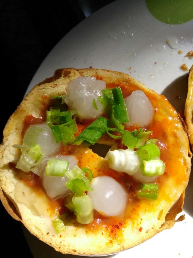 Plain bagel with sriracha spice,  butter,  balsamic glaze,  pickled onions,  and scallions.|Polly Gelfusoさん