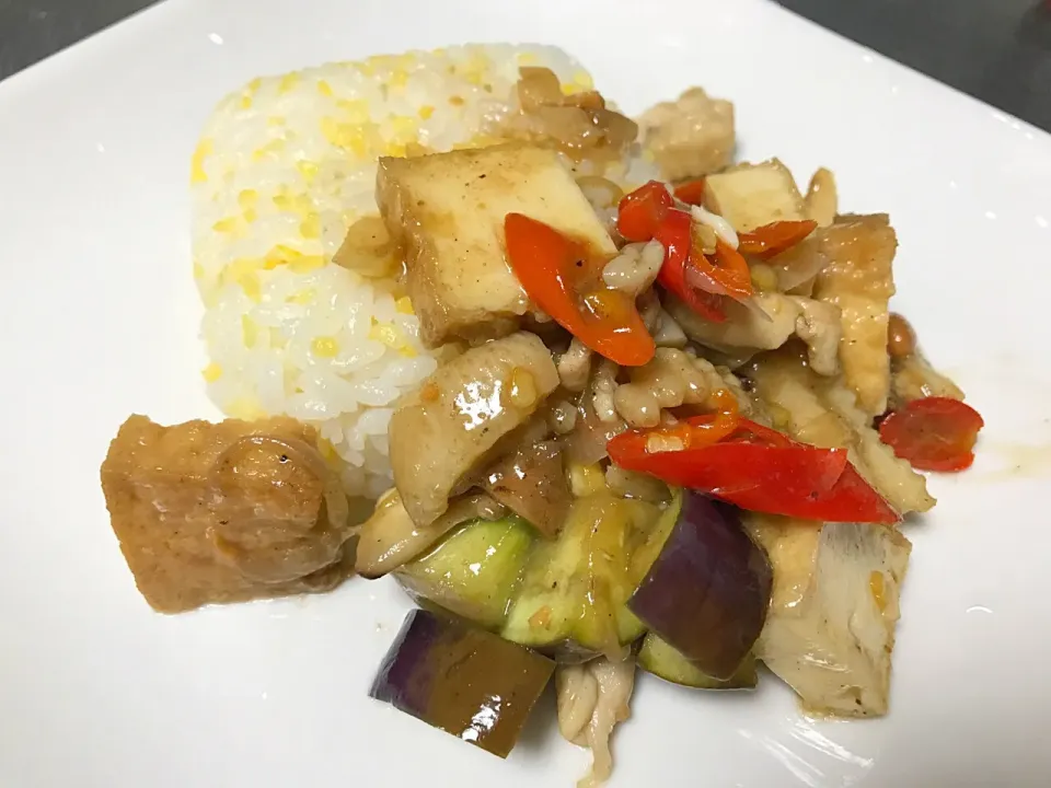 Tofu, chicken & eggplants chili sauce.#mixed #indonesianfood #stirfried #nasijagung|yeni kartikasariさん