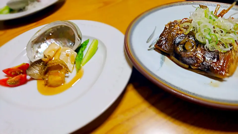 夏野菜とアワビのプレートと鯛のカブト煮|こむぎさん