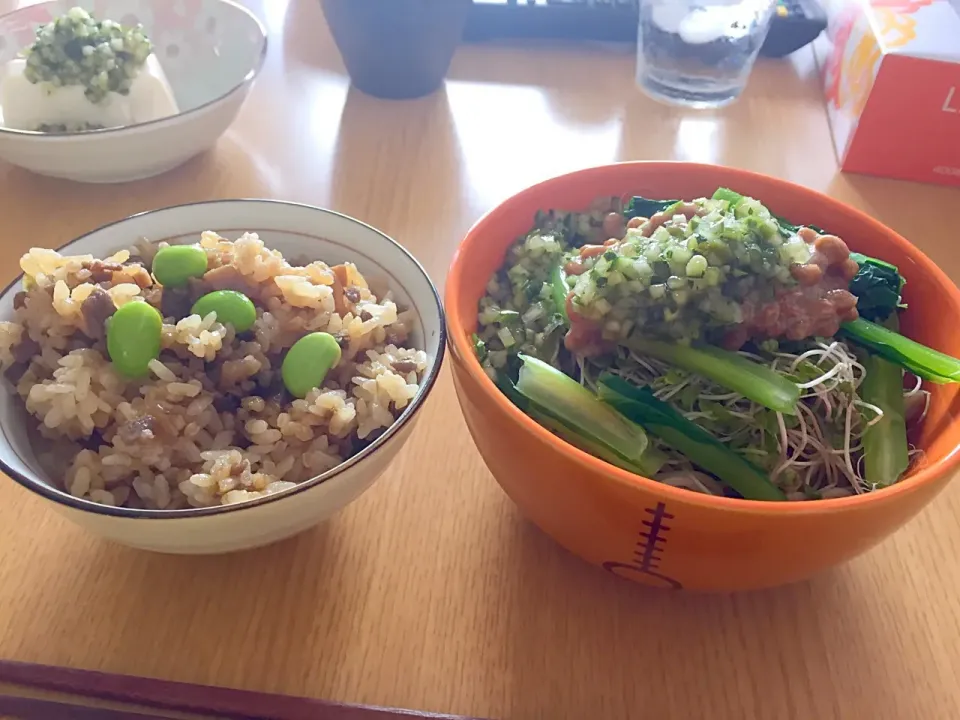 お野菜たっぷり納豆おろしの冷やし蕎麦と豚肉と舞茸の混ぜご飯|のろさん