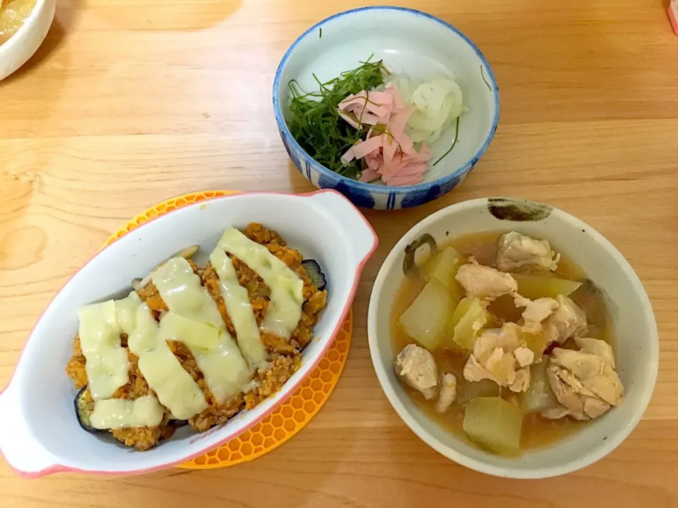 鶏肉と冬瓜の煮物、茄子のミートグラタン、冬瓜の酢の物|ほなさん