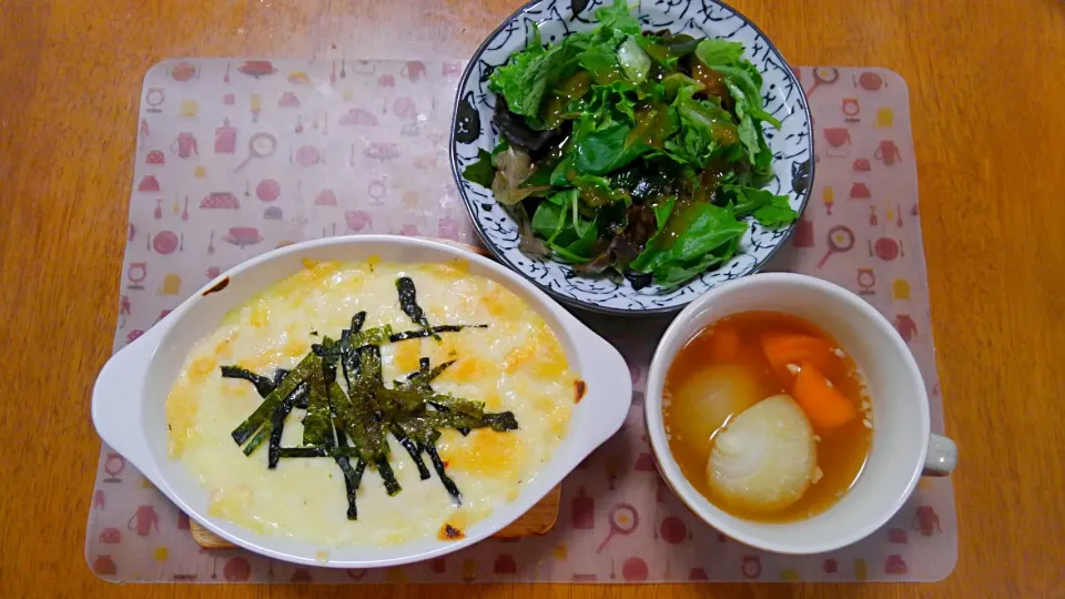 ８月９日　じゃがいもと明太子のグラタン　わかめと野菜のサラダ　野菜スープ|いもこ。さん