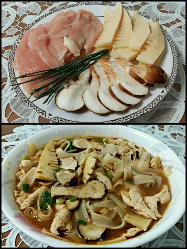 flat noodle with pine mushrooms and chicken breast|steven z.y.さん