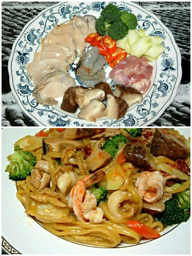 stir-fried noodles with abalone shrimp and chicken|steven z.y.さん