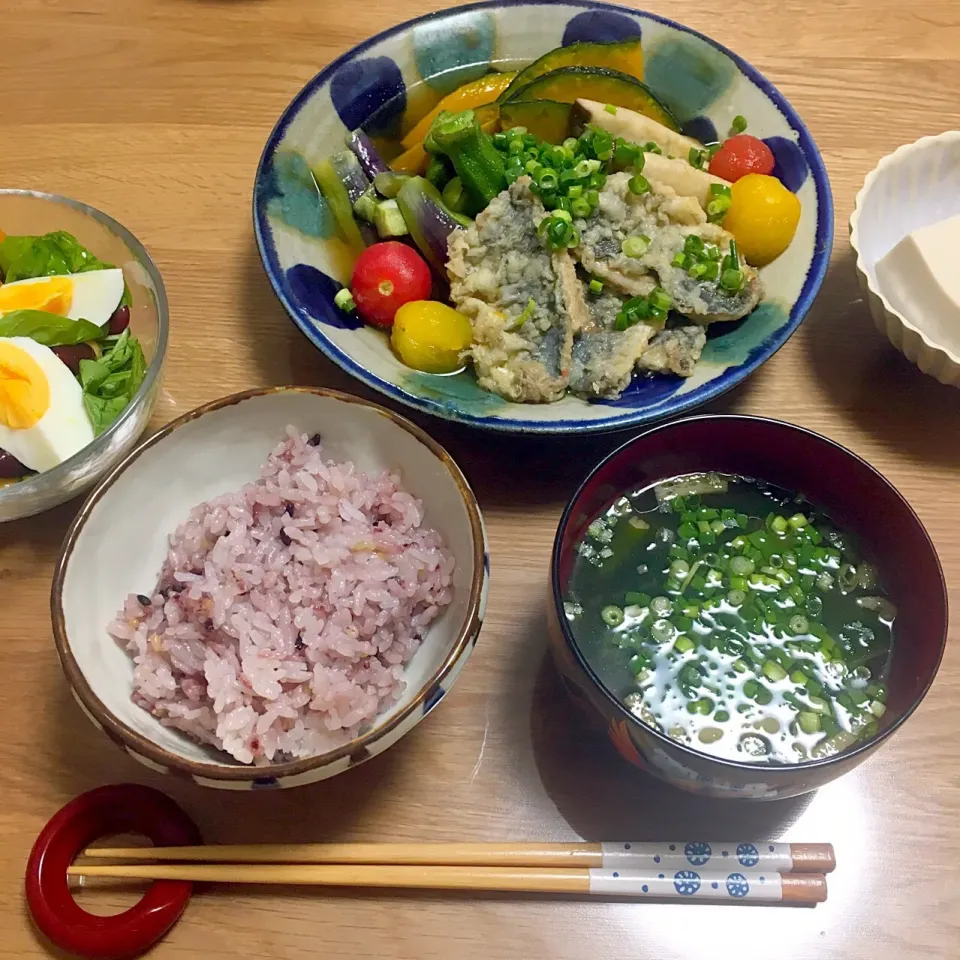 Snapdishの料理写真:#夏野菜と鯵の揚げ浸し、ほうれん草サラダ 、胡麻豆腐 #夏野菜 #オクラ #かぼちゃ #ナス #鯵 #トマト #揚げ浸し|あきころさん