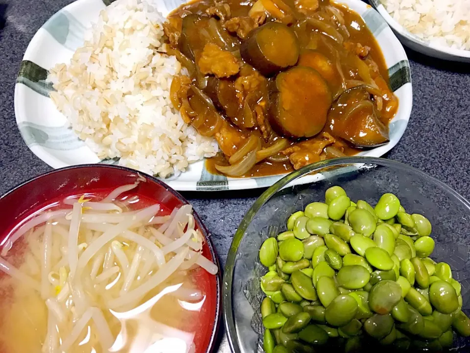 Snapdishの料理写真:もち麦飯茄子ハヤシライス、モヤシ味噌汁、塩ポン酢枝豆(新潟産)|ms903さん