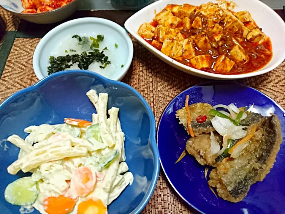 大根おろし&麻婆豆腐&秋刀魚の南蛮漬け&マカロニサラダ|まぐろさん