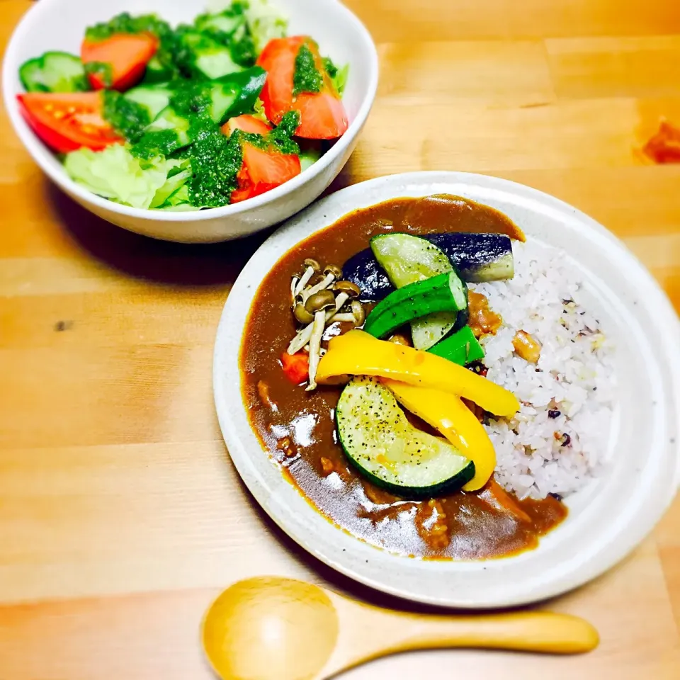 夏野菜カレー🍛&自家製バジルソースサラダ🥗
#カレー#バジルソース|ayumiさん