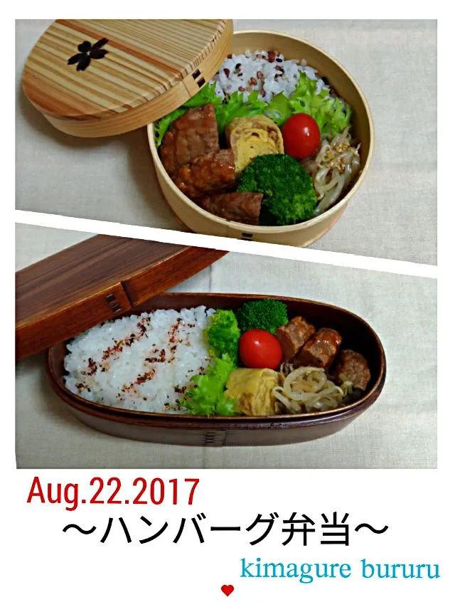 2017.08.22～ハンバーグ弁当＆昨夜のビビンバ丼の材料からリメイクの肉そぼろ入り卵焼き、もやしのナムル|気まぐれぶるるさん