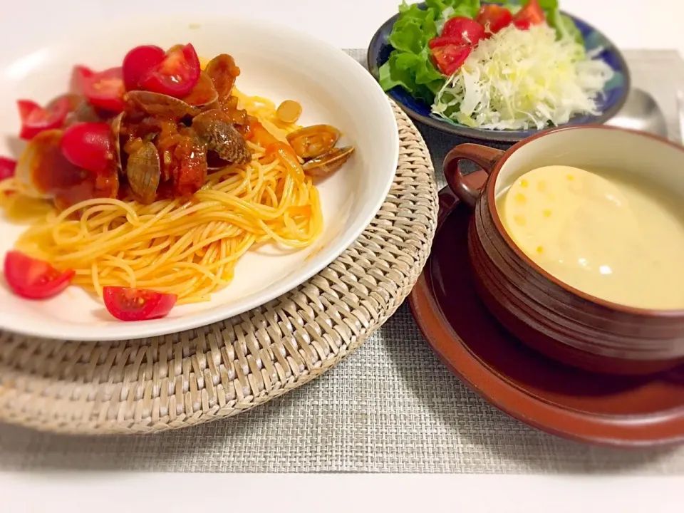 あさりとトマトのパスタ&ポタージュスープwithムース #コーンのムース #美味しかった|Cherry.Okinawanさん