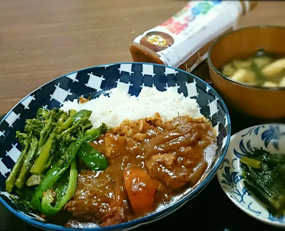 単身赴任の晩ごはん  ピーマンブロッコリー炒めをトッピング 豚すじ人参カレー  野沢菜 ワカメと油揚げの味噌汁料亭の味|ぽんたさん