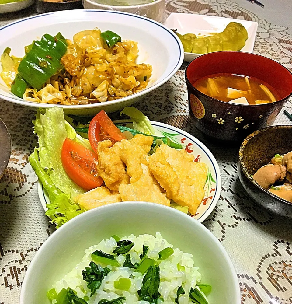 鶏天・豆豉野菜炒め・小松菜混ぜご飯|ヨシヨシさん