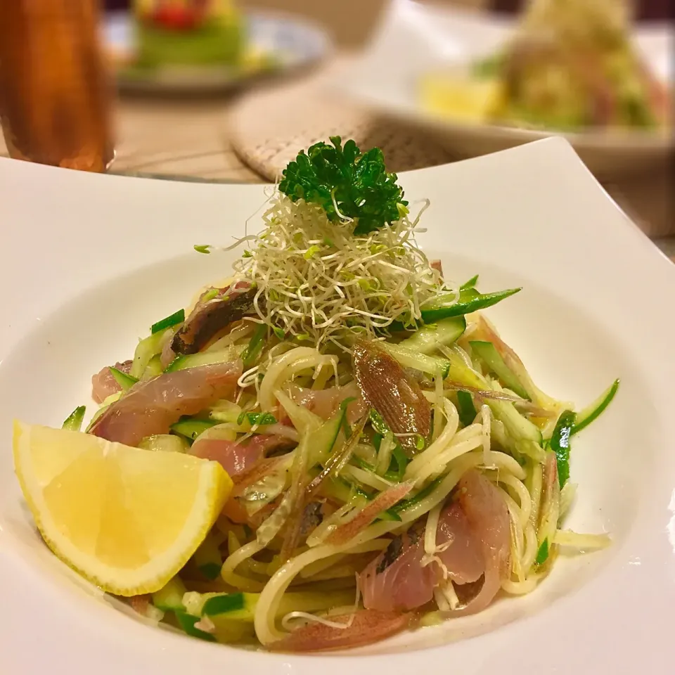 『あじ、きゅうり、ミョウガの冷製パスタ💕』夏にぴったり😍❣️|paaruさん