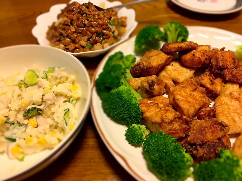 唐揚げとマッシュポテトサラダと納豆野菜炒め|chiemiさん