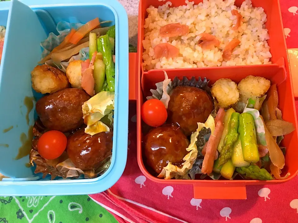 ☆8/24今日のお弁当、2人分☆〜うずら卵入り肉団子、アスパラベーコン、きんぴら、ミニハッシュドポテト、トマト〜|Satokoさん