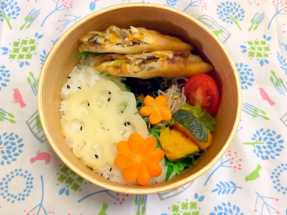 8/24 お弁当！#春巻き#中華春雨#ひじき煮#煮かぼちゃ#にんじんグラッセ #酢レンコン|Tsugumiさん