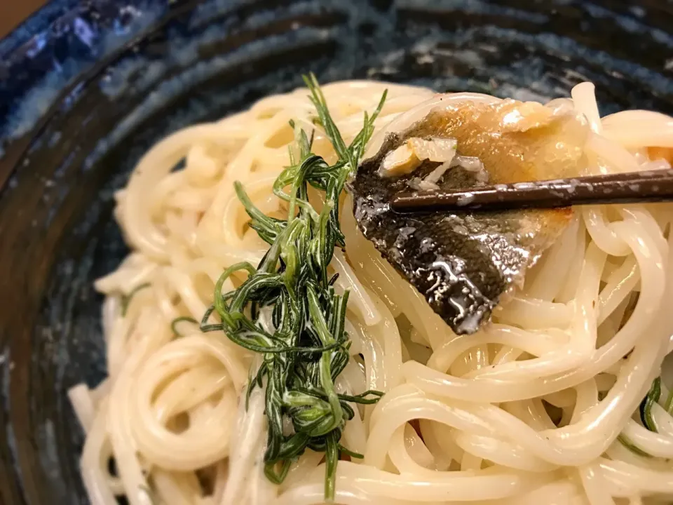 燻製鮎の開きとおかひじきのまぜめん6|半田手延べそうめんの店 阿波や壱兆さん