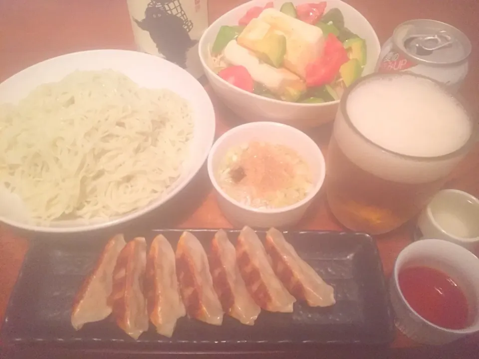 魚沼海藻ふのり仕立てそうめん＊豆腐サラダ＊餃子(^^)|basilさん