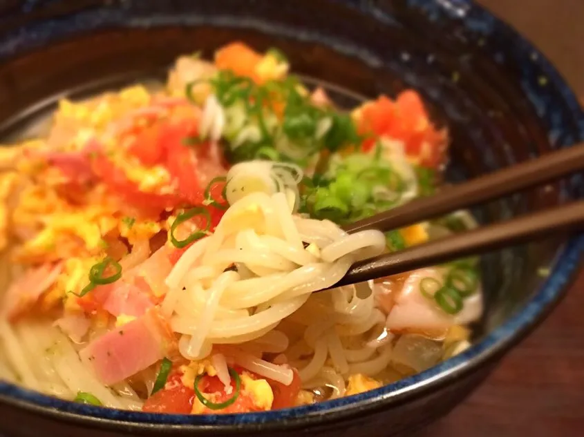 ベーコンとトマトの卵とじそうめん3|半田手延べそうめんの店 阿波や壱兆さん