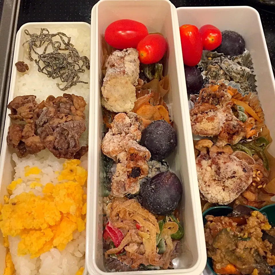 #お弁当 #中学生男子弁当 #親父弁当 #自然解凍 #bento #65
鷄モモ肉の竜田揚げ
切干大根ピリ辛
ヒジキとツナのマヨ和え
豚の生姜焼き
息子には夕飯残りの麻婆ナス
ミニトマト
冷凍巨峰
牛しぐれ煮と玉子そぼろの二色丼
2学期スタート！|kenji kojimaさん