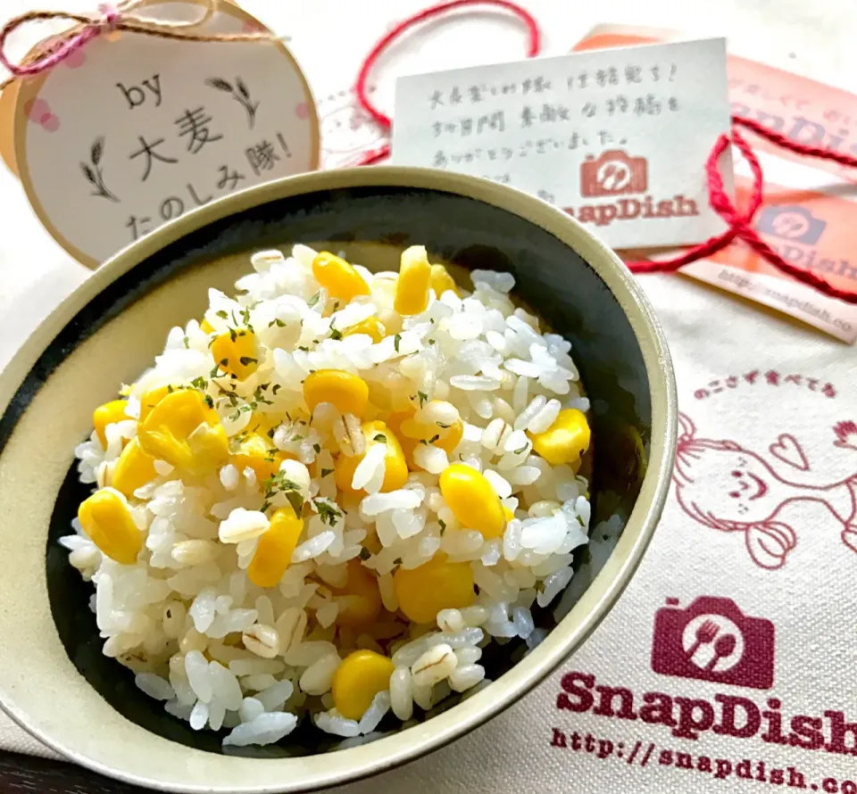 Snapdishの料理写真:もち麦ごはんで、Yumiさんのとうもろこしごはん🌽🌽🌽
大麦たのしみ隊任務完了のご褒美✨ランチョンマット頂きました〜😭|砂雪さん