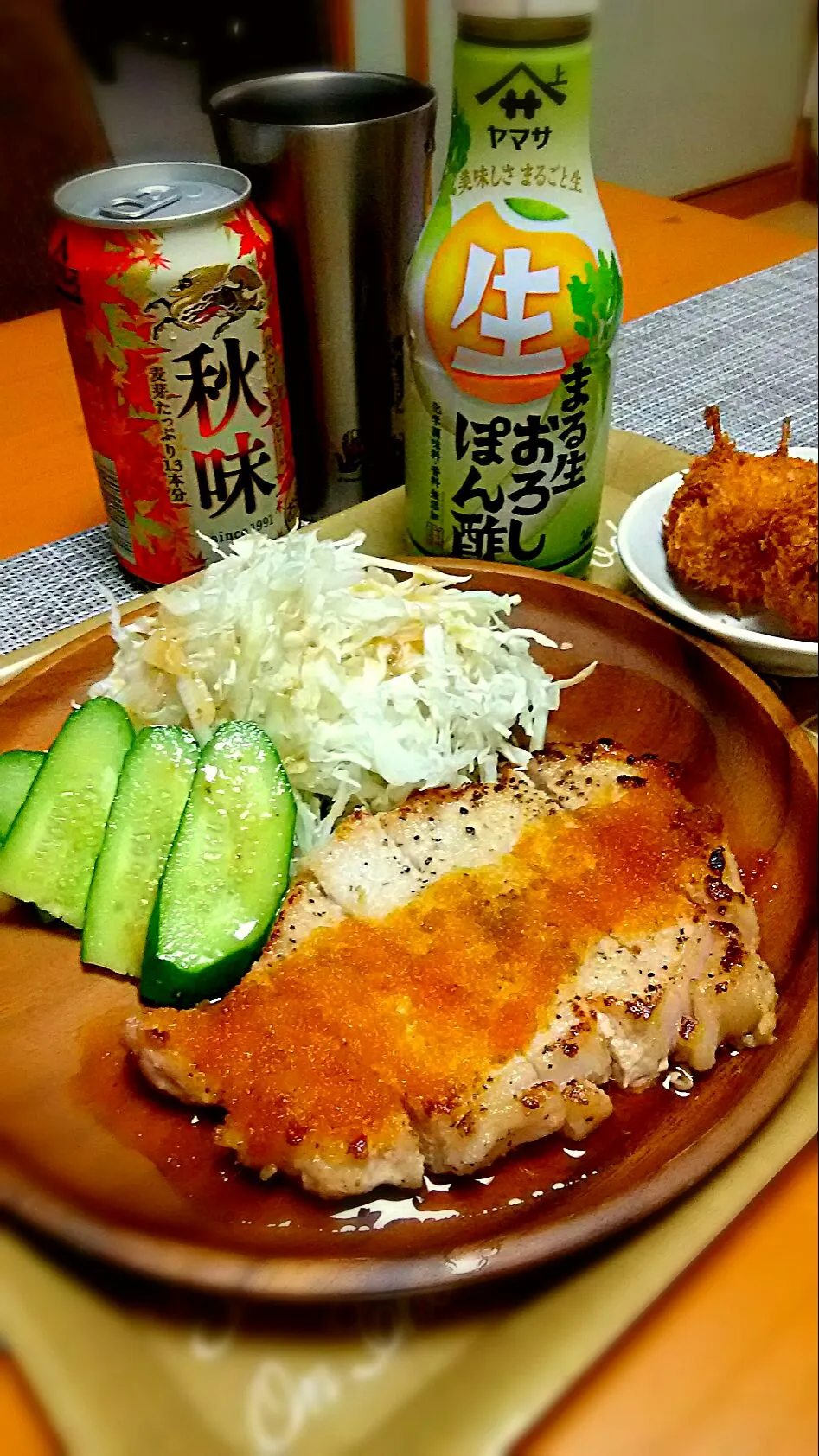 ポークソテーに「まる生おろしぽん酢」🍴🍊|ちはるさん