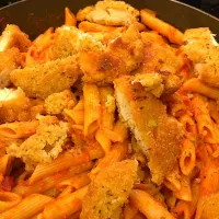 Old World New World Weastern Pasta with Panko Crusted Chicken Breast