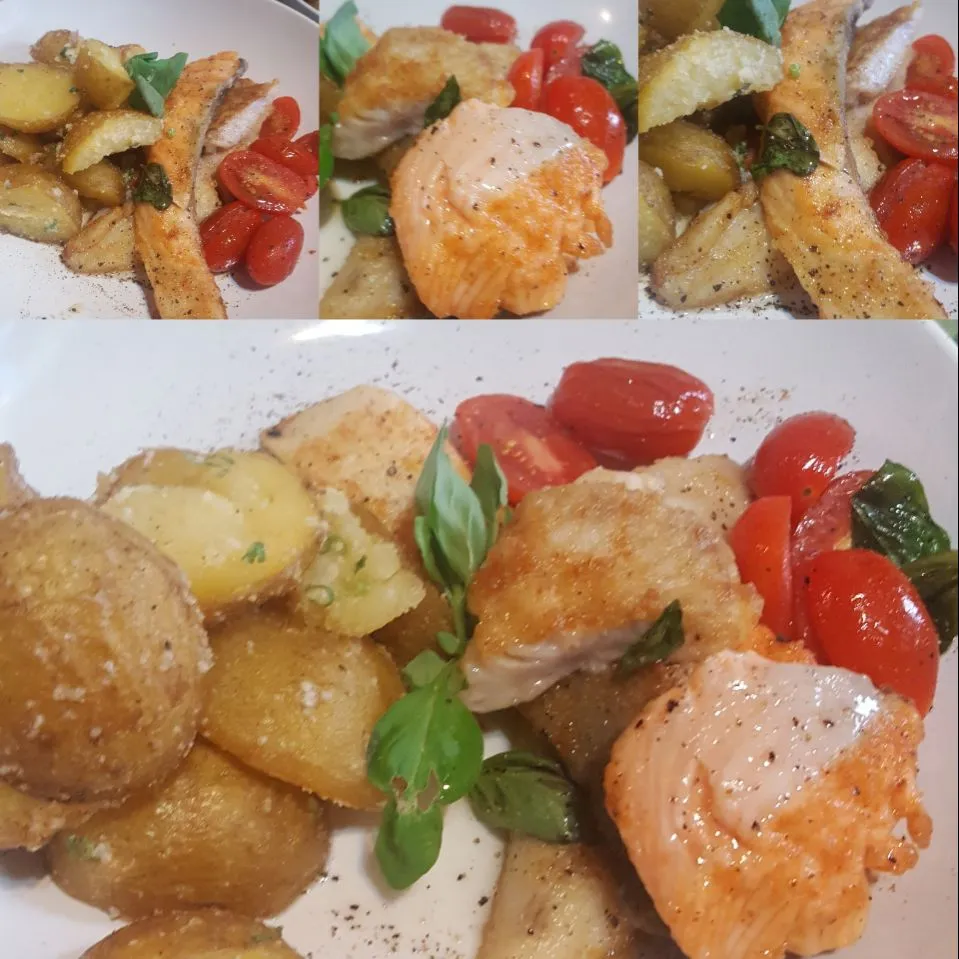 Light lunch 
Pan Fried Fresh fish Fillet with Salmon in Olive Oil, Cherry Tomatoes, Garlic Fresh Basil
 With lemon Flavored Parmesan New Potatoes #Chefemanuel|Emanuel Hayashiさん