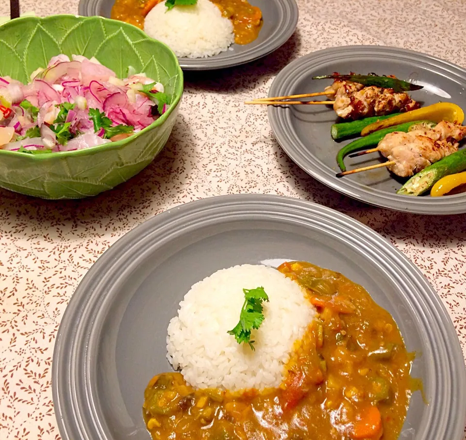 ベジカレー、チキンソテー、ペルーの魚介サラダ|Atsukoさん