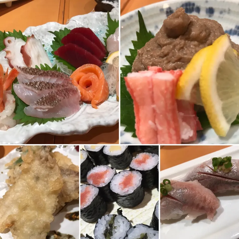 Snapdishの料理写真:上刺身、蟹味噌、メギス天ぷら、巻物シリーズ、アジ握り🍣|buhizouさん