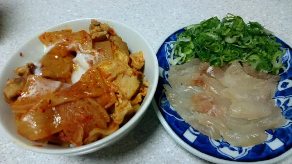 ヒラメの昆布締めと豚キム巣ごもり丼！|あまねさん