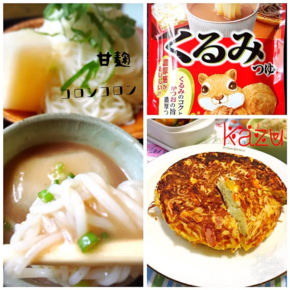 Snapdishの料理写真:くるみつゆ素麺から、余ったそうめんのリメイク　スペイン風そうめんオムレツ | Happy Recipe（ヤマサ醤油のレシピサイト）|かずきっちんさん