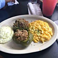 •°°•{❤}My  Aunts Plate at Neyows Creole Cafe in New Orleans Louisiana 🎭 Seafood Stuffed Bell Peppers #Main dish Spaghetti and Cheese ❤ Potato Salad  #Side dish |Alisha GodsglamGirl Matthewsさん