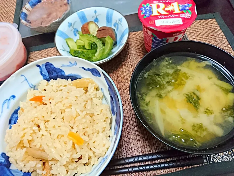 鶏ごぼうご飯&あおさの味噌汁|まぐろさん