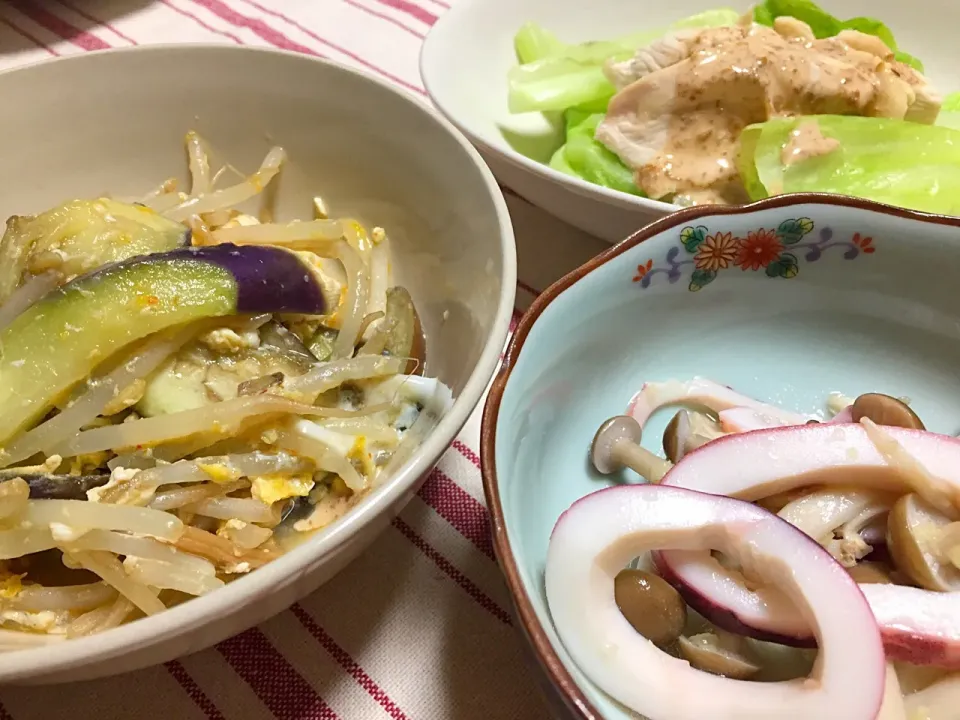 いかとしめじの生姜和え・蒸し鶏・なす豆腐ピリ辛|Yuko Kisoさん