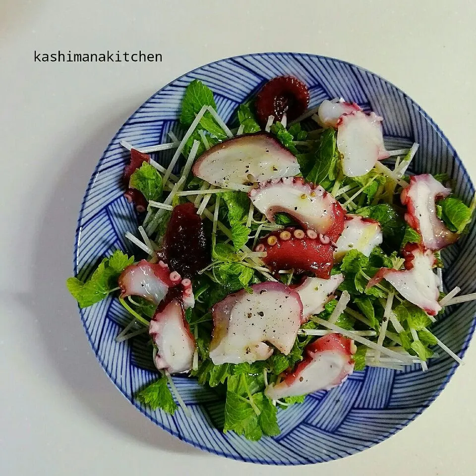 セロリ菜とタコのサラダ　自家製オリーブオイルドレッシング
#anasrecipe #Anasrecipe #kashimanakitchen #カシマナキッチン #タコ #occtopus #salad #サラダ #セロリ菜 #celeryleaves|Kashimanakitchenさん