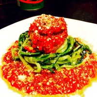 Turkey meatball atop spiraled zucchini.|Becca Lohman-Meltonさん