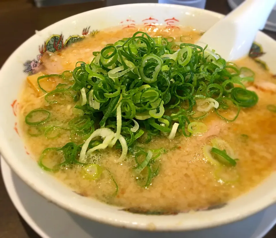 Snapdishの料理写真:営業マンの昼ごはん☀️🍴
こってり 麺固め ネギ多め
しかし、なんで最近のラーメン屋って、ぬるいとこが多いのだろうか？流行りか？ʕ⁎̯͡⁎ʔ༄  味はよいのだが…|ぽんたさん