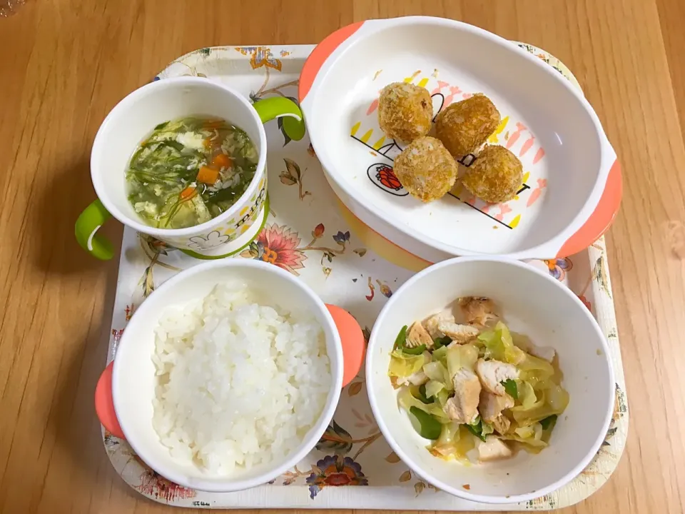 鶏胸肉と野菜の炒め物、卵のお味噌汁、南瓜コロッケ|ほなさん