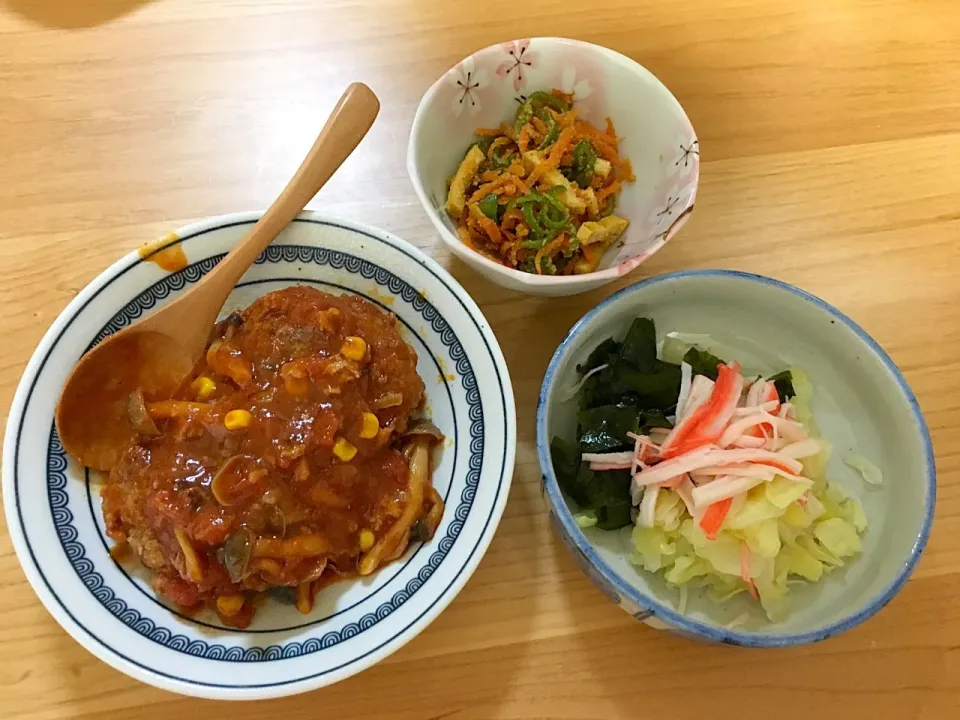 煮込みバーグ、きんぴら、酢の物|ほなさん