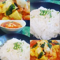 Snapdishの料理写真:#homecooked #Chefemanuel 
Thai Red Curry (Hot & Spicy )  Prawn Bamboo Eringi   mushrooms. with Cold Rice Noodles|Emanuel Hayashiさん