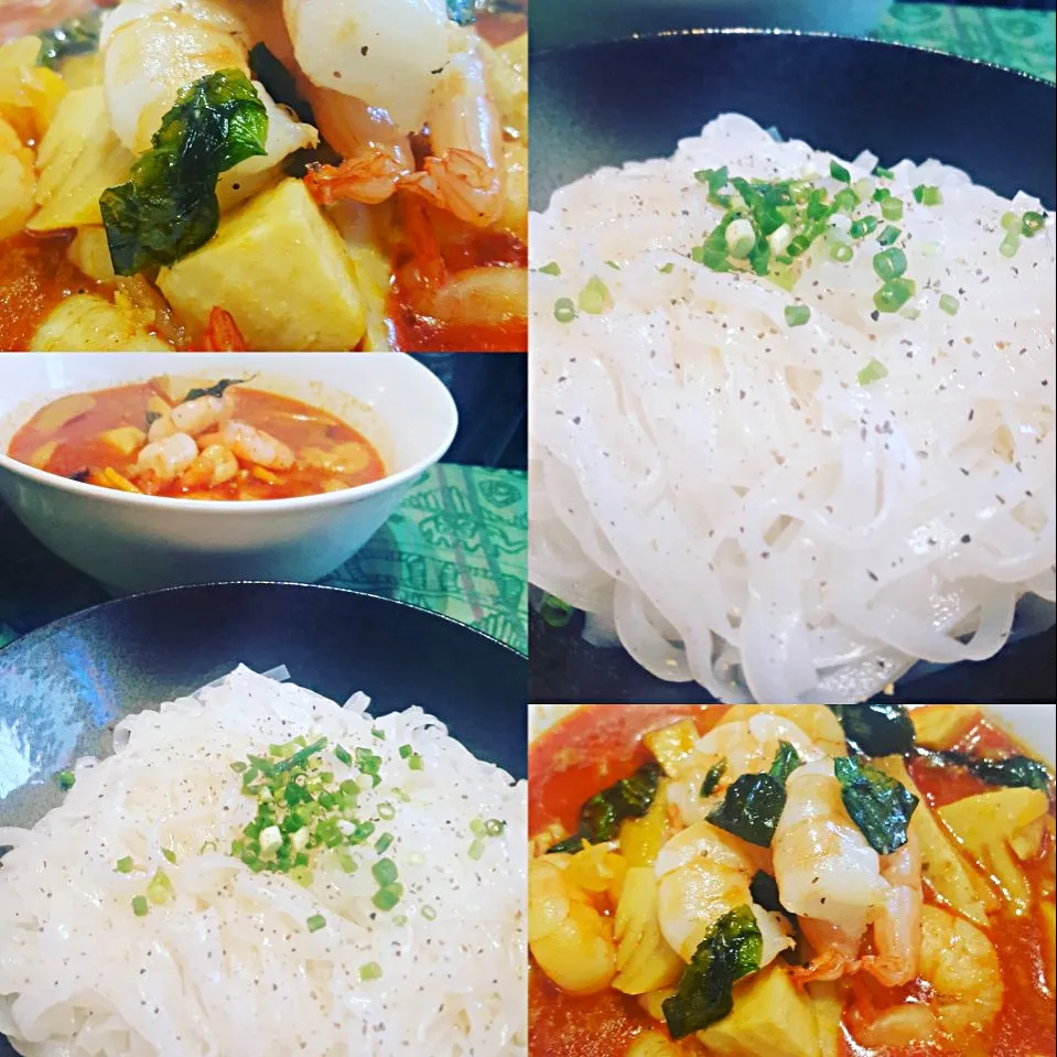 #homecooked #Chefemanuel 
Thai Red Curry (Hot & Spicy )  Prawn Bamboo Eringi   mushrooms. with Cold Rice Noodles|Emanuel Hayashiさん